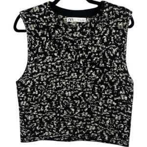 Zara Black Ecru Cotton Blend Sleeveless Round Neck Large Knit Vest Crop Top